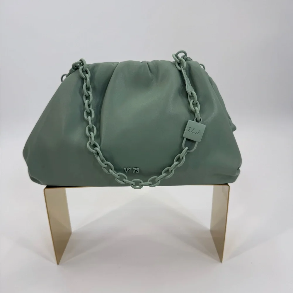 V°73 Sage Green Ruched Shoulder Bag with Chain Strap Soft Pebble Leather Purse